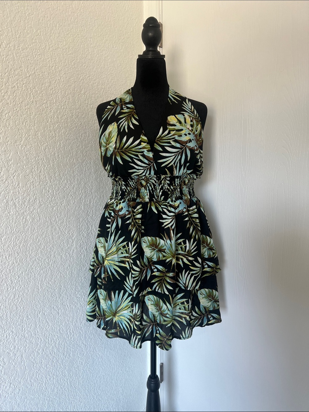 Madden NYC Black Halter Mini Dress with Green Tropical Leaf Print